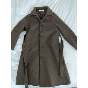 Commense Brushed Wool Belted Long Overcoat in tan chocolate -xs